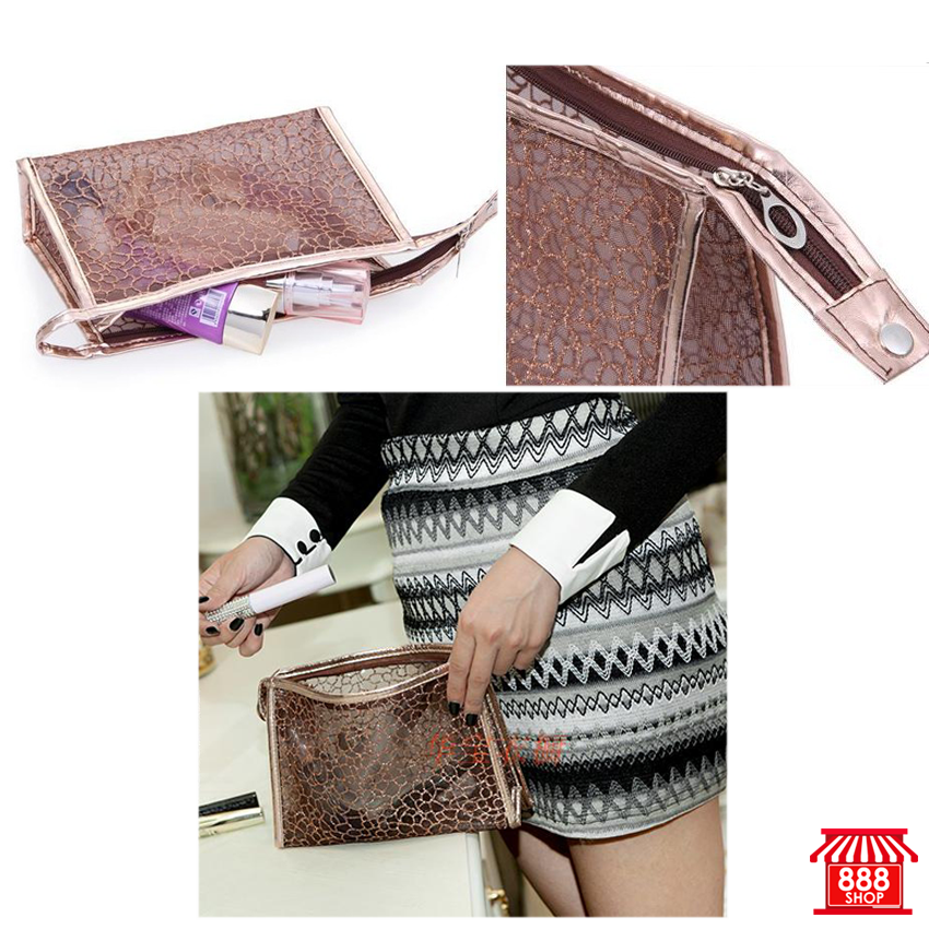 Shop888mall  กระเป๋าเครื่องสำอางลายลูกไม้ (สีน้ำตาล) - Shop888mall - 4